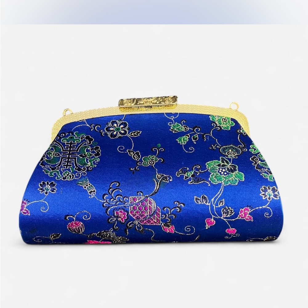 Chinese Embroidered Blue Floral Clutch w/ Detachable Chain Strap